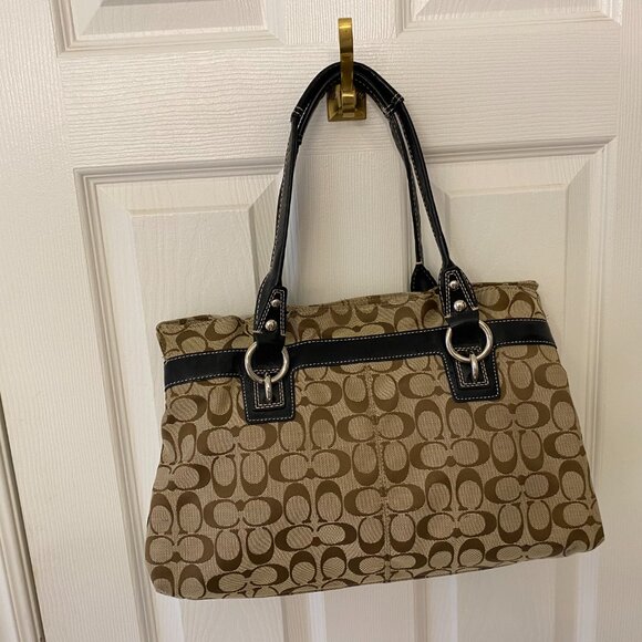 Coach brown logo satchel with black leather trim - Picture 1 of 6